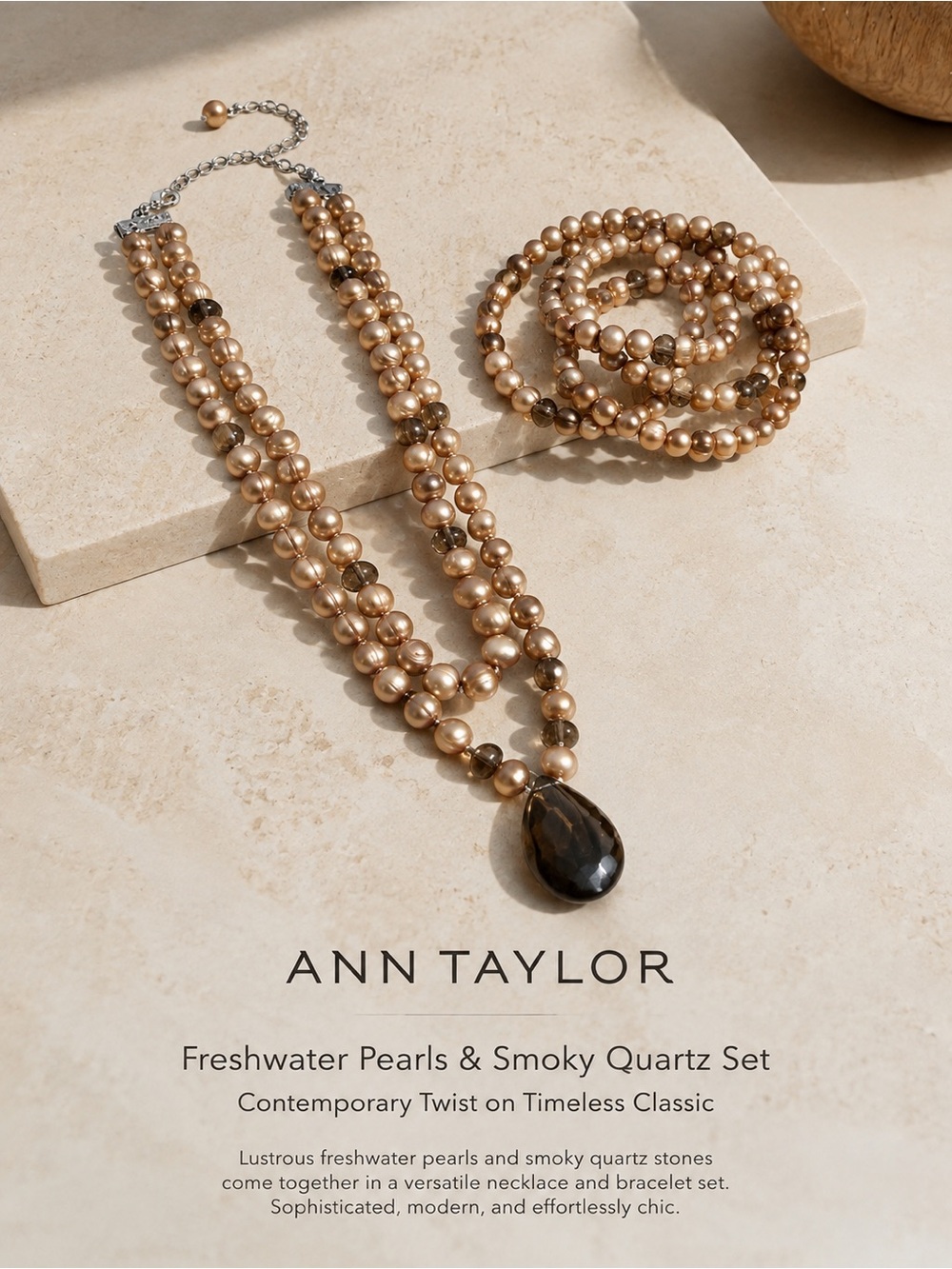 Ann Taylor Genuine Freshwater Pearl and Smoky Quartz Set — Modern and Classy
